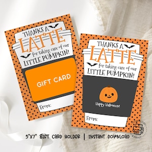 Remerciements, porte-cartes cadeau latté à imprimer, cadeau de remerciement pour professeur d'Halloween, étiquette cadeau petite citrouille automne, enveloppe pour carte-cadeau café