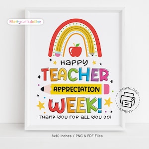 Happy Lehrer Wertschätzung Woche Zeichen druckbar, Regenbogen Bleistift Apfel Poster, Dankeschön Schild für Staff Lounge Tür Dekor Klassenzimmer Geschenk