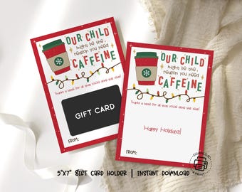 Christmas Teacher Gift Card Holder, Coffee Caffeine Pun Printable, Thanks a Latte, Instant Download