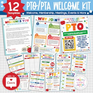 May include: A collection of 12 colorful PTO/PTA welcome kit templates featuring various school-themed documents like membership forms, meeting schedules, newsletters, and event flyers, all designed with playful graphics and editable text fields.