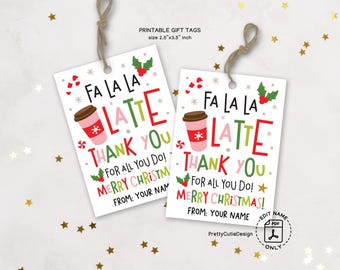 Christmas Gift Tags, Fa La La Latte, Coffee Pun Thank You Labels