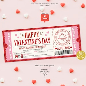Puede incluir: Plantilla de certificado de regalo imprimible para el Día de San Valentín para una cena. La plantilla es rosa y roja con un diseño de boleto. Dice "Feliz Día de San Valentín" y "Vamos a cenar".