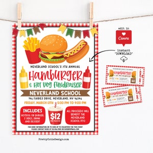 Hot Dog Fundraiser Event Flyer Design-Vorlagen, Hamburger Fundraiser Event Flyer Design-Vorlagen, Grundschule PTO PTA Fundraiser Poster Mahlzeit Flyer