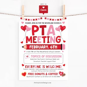 Flyer para reunião de pais e professores do Dia dos Namorados, PTA, PTO, para impressão, editável, em fevereiro, com placa para reunião de pais e professores, pôster de eventos em sala de aula, modelo Canva para escola