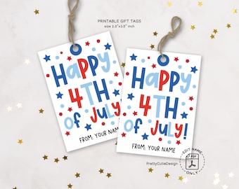 4th of July Gift Tag Printable, Happy 4th of July Editable PDF Tag, Patriotic Red White Blue Stars, DIY Party Favor Instant Download