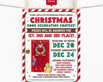 Christmas Door Decorating Contest Flyer, Canva Template, School Holiday Poster