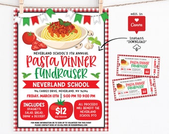 Pasta Night Fundraiser Flyer, Spaghetti Dinner Fundraiser Template, School Fundraiser Tickets Canva Template, Spaghetti Charity Event Flyer