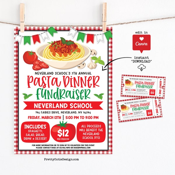 Pasta Night Fundraiser Flyer, Spaghetti Dinner Fundraiser Template, School Fundraiser Tickets Canva Template, Spaghetti Charity Event Flyer