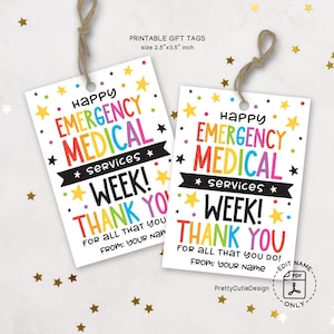 Etiquetas de presente para impressão da Semana de Serviços Médicos de Emergência, etiquetas de agradecimento para equipe de paramédicos de emergência médica, download instantâneo de PDF