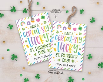 Cereal-Sly Lucky St Patricks Day Gift, St Patrick Printable Cereal Tags, St Pattys Day Classroom Treat Tags, St Patricks Day Class Gift Tags