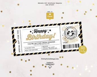 Drum Lessons Gift Certificate Editable Template, Birthday Surprise Ticket, Drumming Class Gift Voucher Printable, Birthday Coupon Template