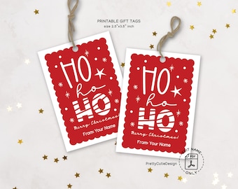 Ho Ho Ho Christmas Gift Tags Printable, Red Holiday Labels, Cute Xmas Favor Tag