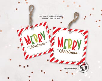Merry Christmas Gift Tag, Printable Holiday Label, Candy Cane Stripe Square, Digital Download