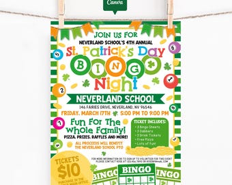 St Patrick's Day Bingo Night Flyer Printable, Editable School Fundraiser Event Poster, Canva Template