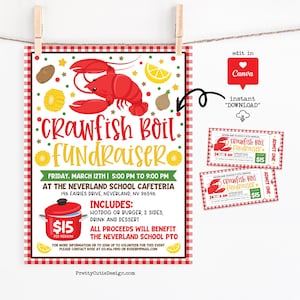 May include: A red and white checkered poster for a Crawfish Boil Fundraiser, featuring a red crawfish illustration, corn, and lemons. The poster includes event details, date, time, location, and ticket price. Two matching tickets are also shown.