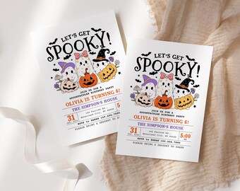 Spooky Cute Ghost Halloween Birthday Invitation, Editable Canva Template, Digital Download, Customizable Printable for Fun Halloween Parties