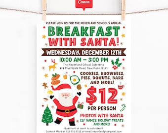 Breakfast With Santa Fundraiser Flyer, School Holiday Event Poster, Canva Sign Template