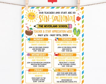 Teacher Appreciation Week Itinerary Flyer Template, Summer Sun-sational Teacher and Staff Appreciation Flyer Editable Itinerary Schedule