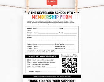 PTA/PTO Membership Form Printable, School Parent Signup Sheet, Editable Canva Template