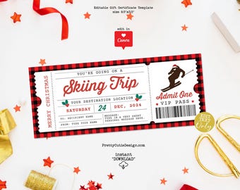 Christmas Skiing Trip Reveal Ticket, Surprise Gift Voucher, Ski Resort Gift Ticket Coupon, Editable Christmas Gift Certificate Template