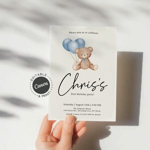 Convite de primeiro aniversário de ursinho de pelúcia para menino, convite para festa de aniversário com balão azul, cartão de primeiro aniversário para impressão com tema de ursinho fofo