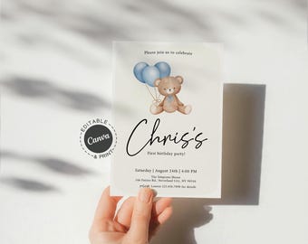 Teddy Bear First Birthday Invitation for Boy, Blue Balloon Birthday Party Invite, Printable 1st Birthday Card with Cute Baby Bear Theme