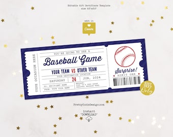 Baseball Game Ticket Gift Template, Baseball Gift Certificate Birthday Gift Ticket, Baseball Season Surprise Ticket Printable Voucher
