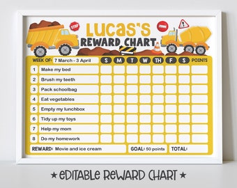 Construction Truck Reward Chart for Kids, Simple Kids Editable Reward Chart - Digital Template INSTANT DOWNLOAD