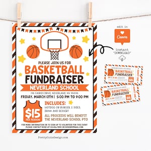 May include: An orange and brown basketball fundraiser flyer with basketball graphics and text. The flyer includes event details, such as the date, time, and location. Two matching tickets are also shown. The flyer is suspended by wooden clothespins.