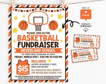 Basketball Fundraiser Flyer Printable, Editable School Event Template, Sports Donation Night Tickets, PTO Fundraiser Canva Instant Download