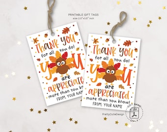 Thanksgiving Gift Tags Printable: Teacher Appreciation Turkey Treat Bag Tags, Staff Gratitude Favor Labels
