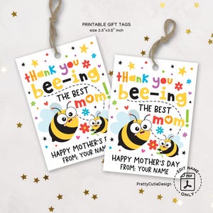 Lustige Biene Muttertag Geschenkanhänger zum Ausdrucken, Danke für die besten Mama Tags, süße Geschenktüte Tags für Kinder, sofort Download PDF