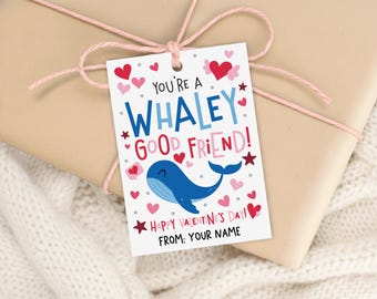 Whale Valentine Gift Tags, Whaley Good Friend Label, Kids Fish Cracker Classroom Favor