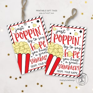 Etiquetas para decir "Simplemente pasa a saludarme" (solo para decir "Que tengas un excelente verano"), etiquetas de regalo de fin de año escolar para estudiantes, maestros y niños, etiqueta imprimible del último día de palomitas de maíz.