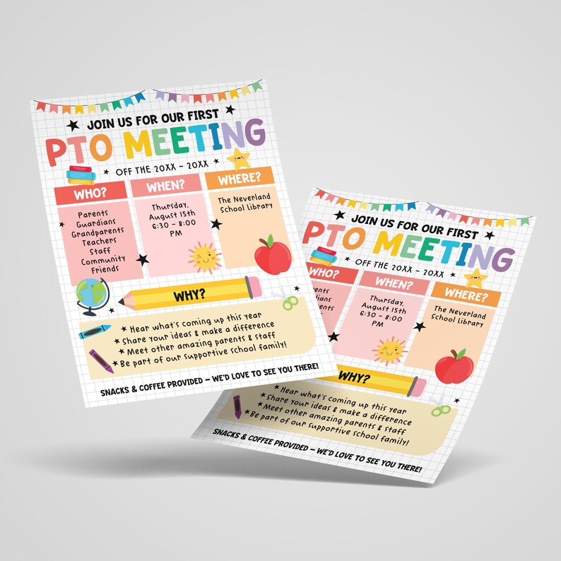 Printable editable PTO PTA bundle template with bright colorful layouts. Includes yearly calendar, meeting flyer, sign up form, and recruitment poster for schools. Canva file for easy customization.
