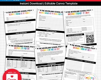 PTA/PTO Essential Forms Bundle Printable, Canva Editable Templates, Treasurer Membership Donation Reimbursement