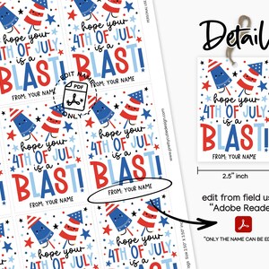 Hand holding printable 4th of July tag with cheerful red, white and blue star accents and firework graphics, ready to print for holiday celebrations
