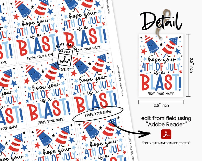 Hand holding printable 4th of July tag with cheerful red, white and blue star accents and firework graphics, ready to print for holiday celebrations
