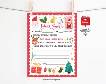 Dear Santa Letter Printable, Kids Christmas Wish List Template, Editable Canva, Instant Download