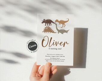 Dinosaur First Birthday Invitation for Boy, Printable Dino Party Invite, Neutral Tones Birthday Card with Cute Prehistoric Theme Design