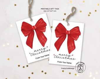 Christmas Gift Tags, Red Bow Watercolor, Classic Holiday Present Labels, Minimal Wrapping Accents