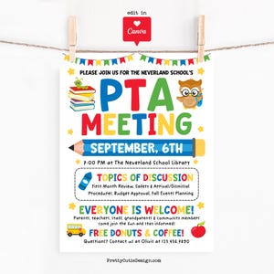 Panfleto para impressão de reunião de pais e professores da PTA, placa para reunião de pais e professores de volta às aulas, modelo editável do Canva, pôster de evento escolar para sala de aula
