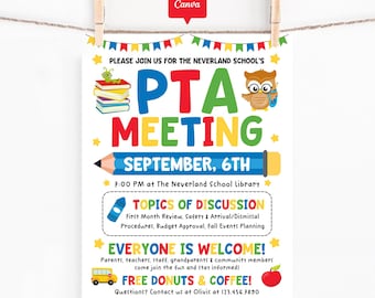 PTA PTO Meeting Flyer Printable, Back to School Parent Teacher Meeting Sign, Editable Canva Template, School Event Poster for Classroom