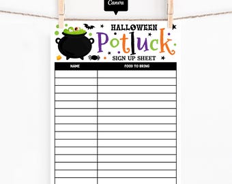 Halloween Potluck Sign Up Sheet Template: Editable Canva Printable for Office Party Food List