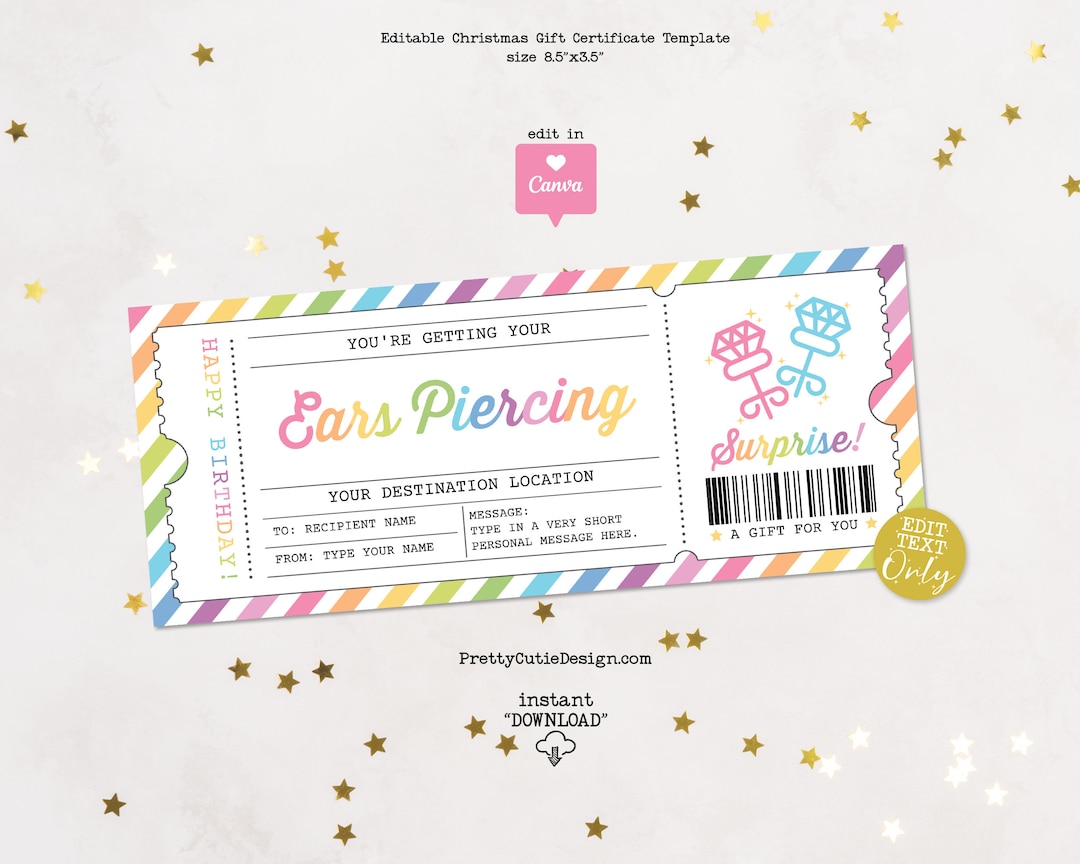 Ear Piercing Gift Certificate Template Printable Surprise Ticket Ear Ear Piercing Gift Certificate Template Printable Surprise Ticket Ear
