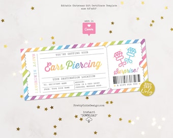 Ears Piercing Gift Certificate Template, Printable Birthday Surprise Voucher, Editable Rainbow Ticket for Kids or Teens, Canva Download