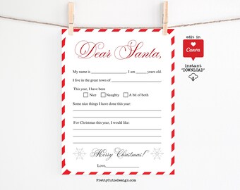 Dear Santa Letter Template Printable, Editable Canva Christmas Wish List Form