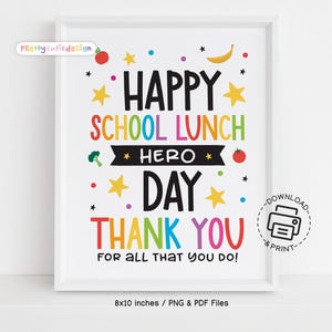 School Lunch Hero Day druckbares Schild, Cafeteria Staff Appreciation Poster, Lunch Hero Danke, Wandkunst, Regenbogen Küchendekoration