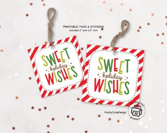 Sweet Holiday Wishes Gift Tags, Christmas Treat Tag Printable, Candy Cane Bakery Label