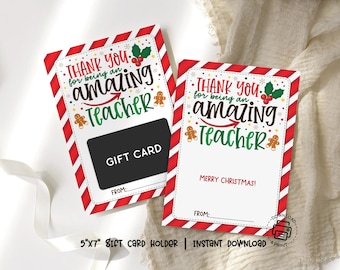 Teacher Gift Card Holder Printable: Thank You, Christmas Candy Cane Border (PDF)